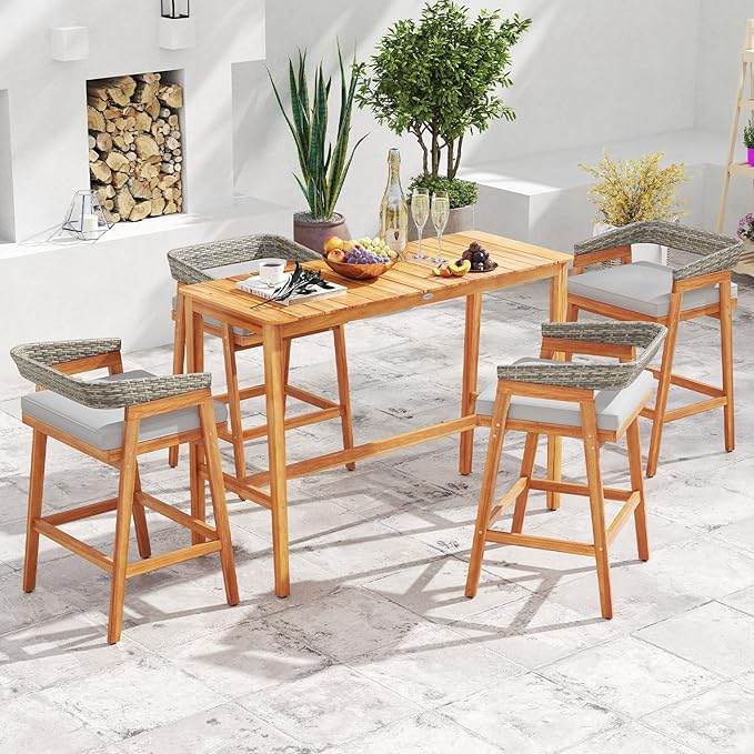 Tangkula 3 Piece Patio Bar Set, Outdoor Acacia Wood Counter Height Table - Image 3