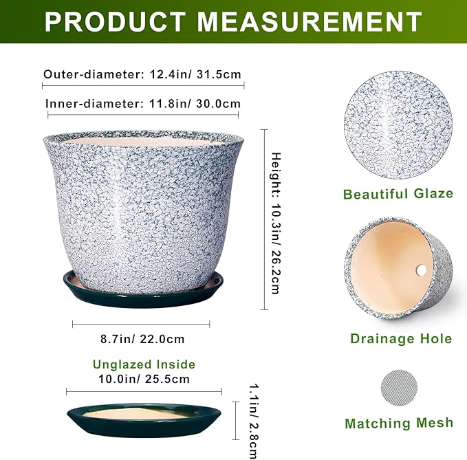 12 Inch Pot for Plants- Ceramic Planter Indoor Outdoor, Round Large Plant Pots - Image 2