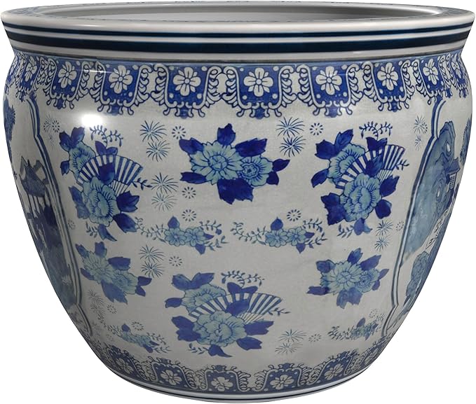 Red Lantern 14" Ladies Blue & White Porcelain Fishbowl - Image 6