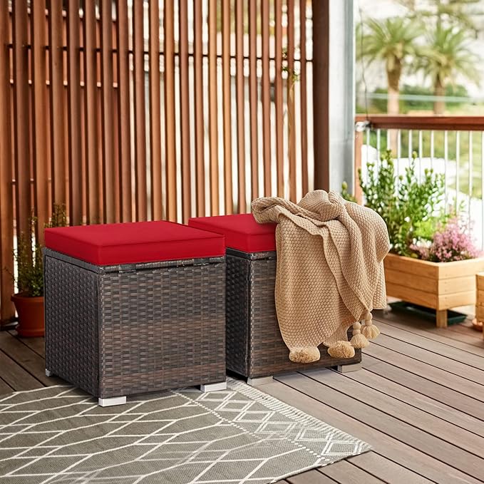 RELAX4LIFE Wicker Outdoor Storage Ottoman, 2-Piece Rattan Footstool w/Removable - Image 2