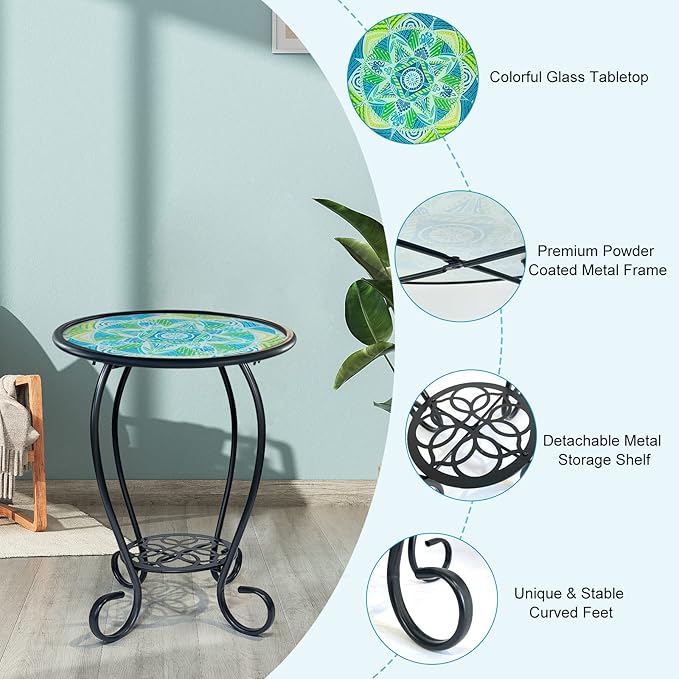 LIFFY Mosaic Outdoor Side Table, Mosaic Plant Stand, End Table W/Storage Shelf - Image 5