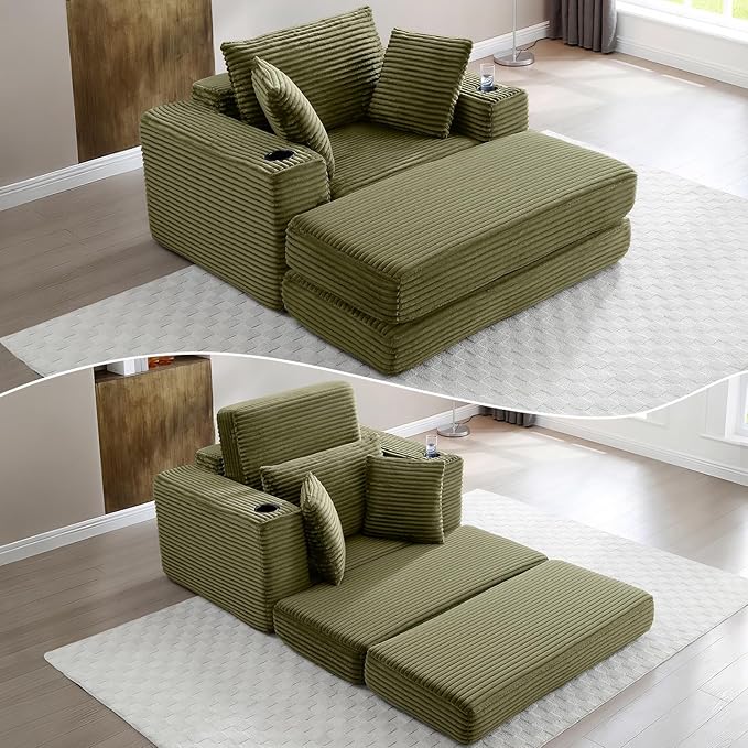 HANXIN 62" Chaise Lounge Chair Indoor, Oversized Corduroy Boneless Convertible by HANXIN