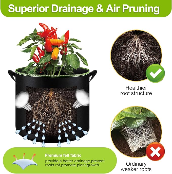 6-Pack 7 Gallon Grow Bags - 300G Heavy Duty Aeration Fabric Pots - Image 3