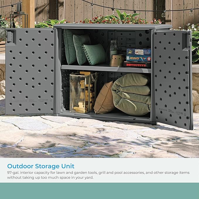 Suncast Resin Outdoor Storage Cabinet, Cool Gray Wicker Resin Outdoor Cabinet - Image 4