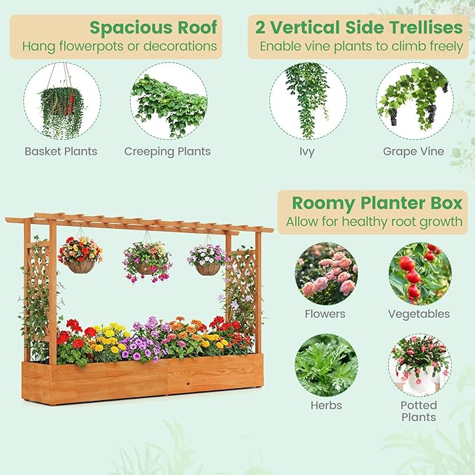 Giantex Raised Garden Bed with Trellis & Hanging Roof, Wood Planter Box with - Image 2