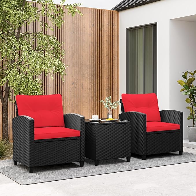 Tangkula 3 Pieces Patio Furniture Set, Rattan Conversation Set w/Soft Seat & - Image 4