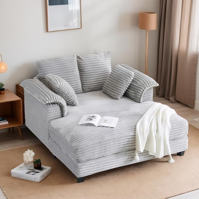 VINGLI 56" Oversized Chaise Lounge Chair, Light Grey Comfy Corduroy Chaise Sofa by VINGLI