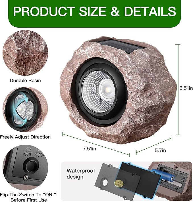 Timeflies Solar Rock Lights Outdoor, 2 Pack Super Bright Solar Spot Lights - Image 6