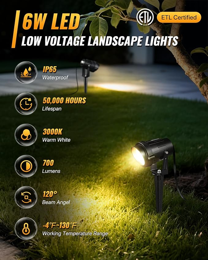 6W 700LM Low Voltage Landscape Lighting, 12V AC/DC 3000K Warm White LED Low - Image 2