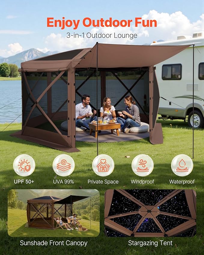 VEVOR Pop up Gazebo Screen Tent, 12 x 12 ft Large 6-Sided Camping Canopy Tent - Image 3