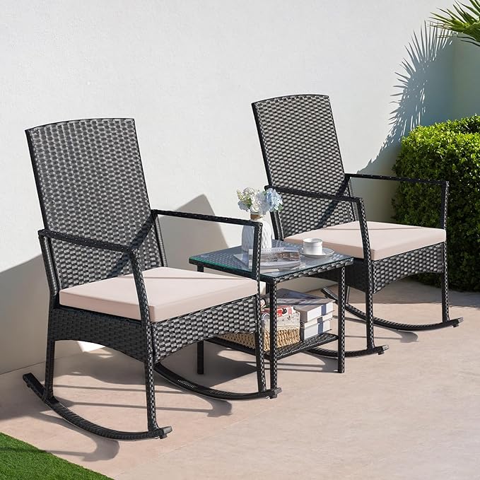 Greesum 3 Pieces Patio Furniture Set Outdoor Wicker Rocking Chairs - Image 3