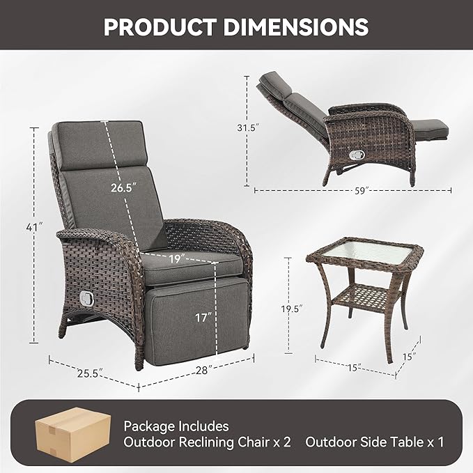 3 Pieces Zero Gravity Wicker Patio Recliner Chairs Set of 2 - Image 2