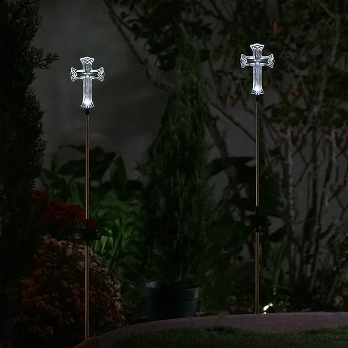 Alpine Corporation 34" Tall Outdoor Solar Powered Cross Pathway Light Stakes - Image 6