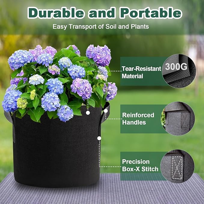 5 Pack 5 Gallon Grow Bags, Thickened Aeration Nonwoven Fabric Plant Pots - Image 5