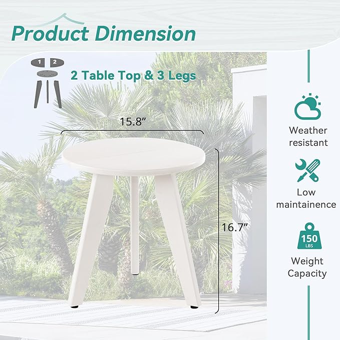HDPE White Round Outdoor Table, Weather-Resistant, 15.8x15.8x16.7 inches - Image 3