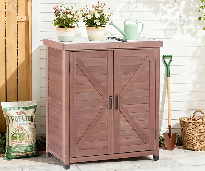 Outdoor Potting Bench with Storage Cabinet and Metal Top, Wood Workstation - Image 7
