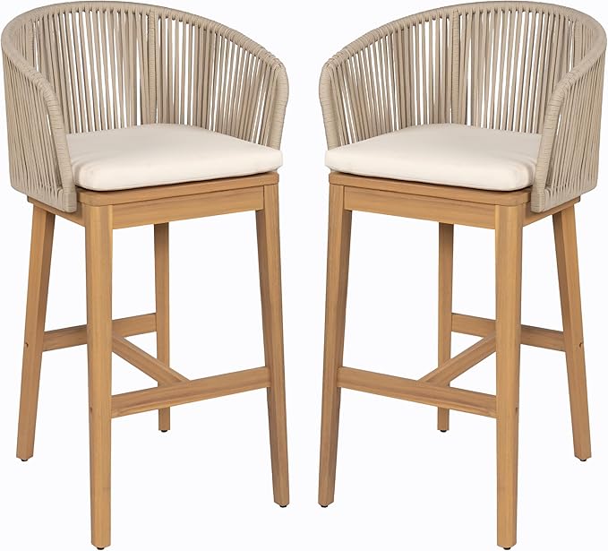 Christopher Knight Home Zax Set of 2 Patio Barstool, Acacia Wood & Rope Outdoor - Image 4