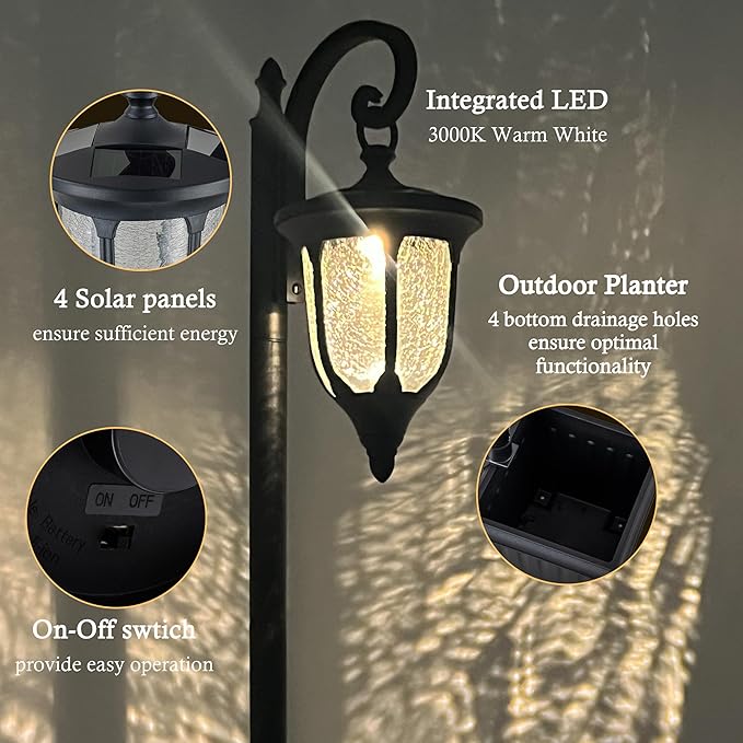 Solar Lamp Post Light with Planter, Outdoor Solar Lights with Crackle Glass - Image 3