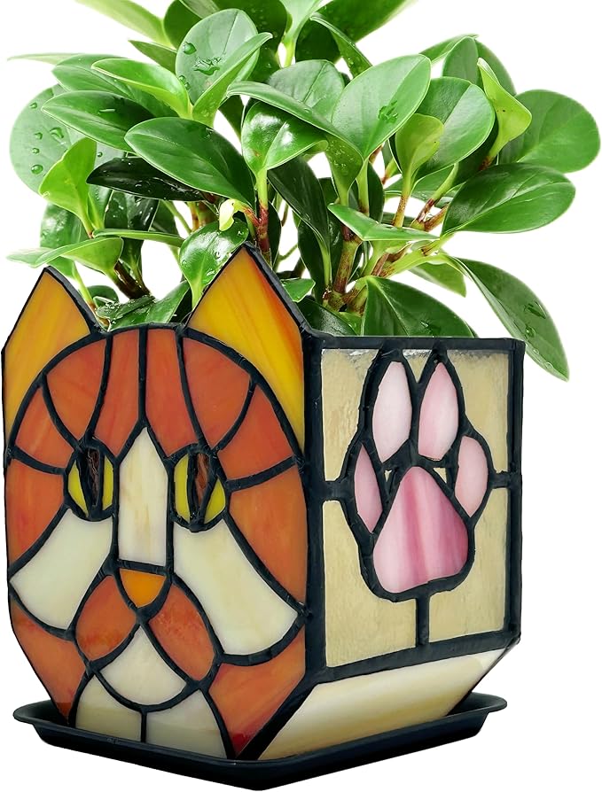 Stained Glass Orange Cat Planter, Indoor Flower Pots by Entlityful