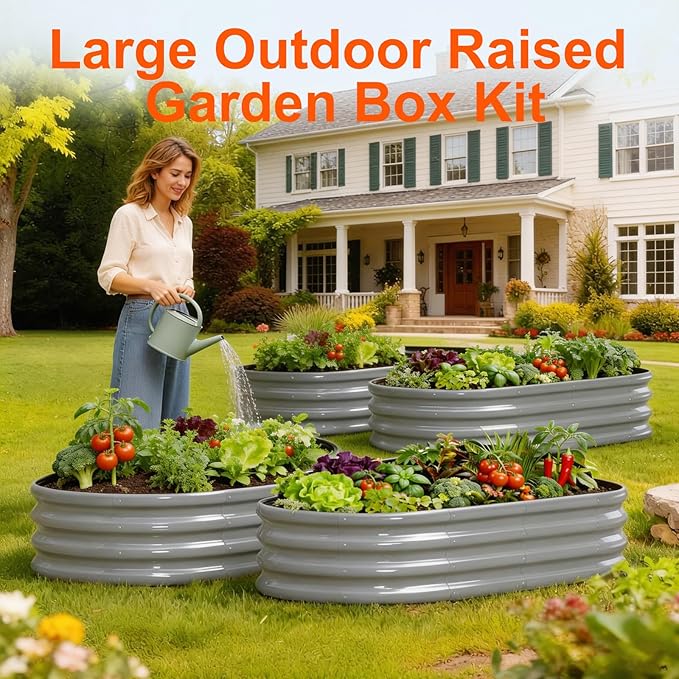Raised Garden Bed Outdoor 2 Sets Oval Large Coating Metal Planter Box - Image 2