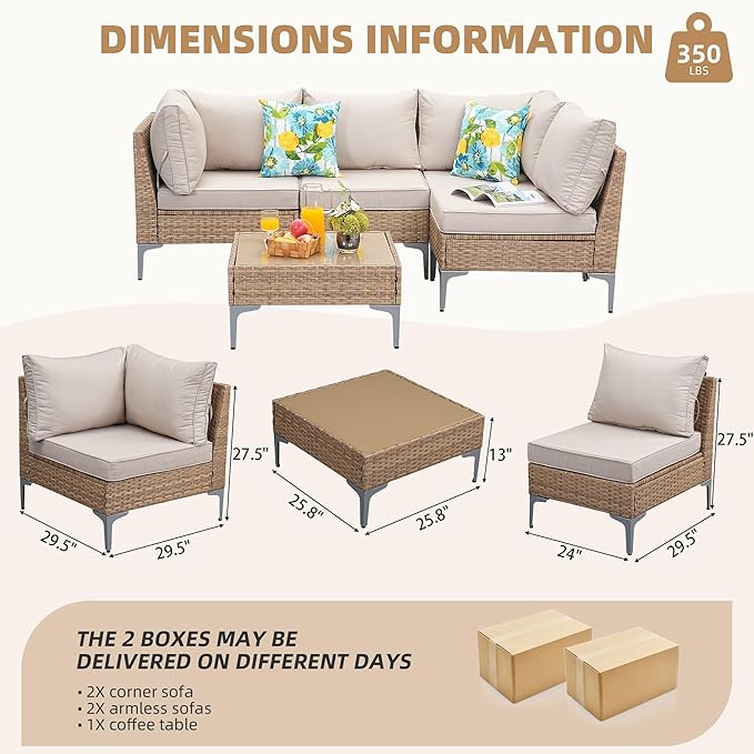 Jing's Villa 5-Piece Outdoor Patio Furniture Set, Ratten Conversation Sectional - Image 8