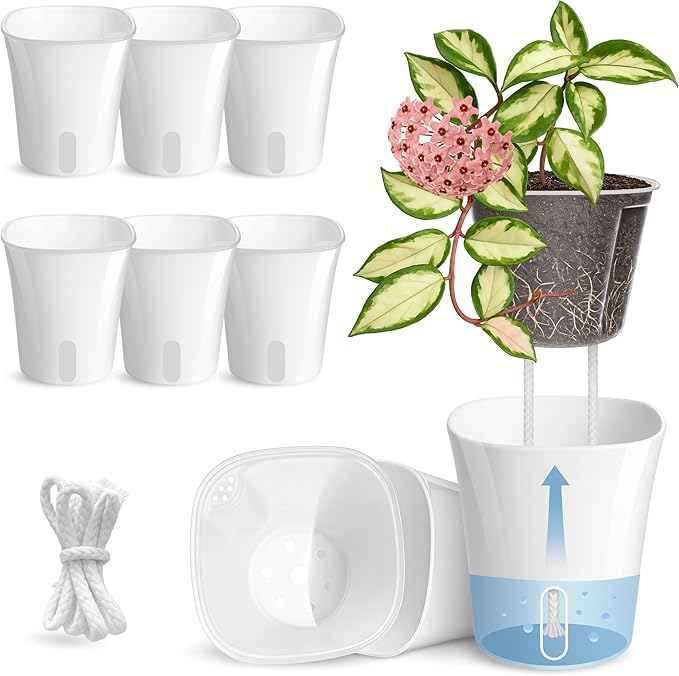 8 Pack 4" Self Watering Pots for Indoor Plants, Small White Plastic Planters by Vandorelle
