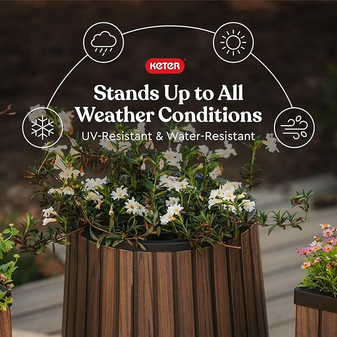 Keter Signature Conic 23.8 Inch Tall Round Large Wood Look Planter - Image 3