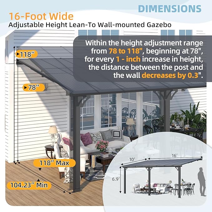 AECOJOY 10' x 16' Adjustable Height Outdoor Lean to Gazebo Pergola - Image 2