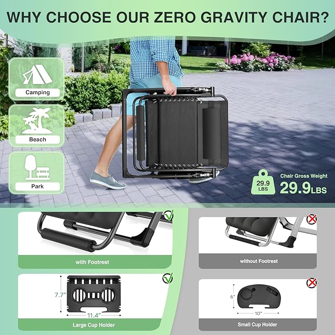 Suteck Oversized Zero Gravity Chair, 29In XL Outdoor Recliner Chair w/Removable - Image 4