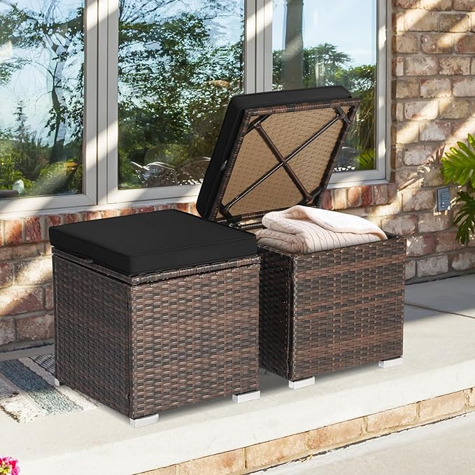 Tangkula 2 Pieces Patio Ottomans, Patiojoy Hand-Woven PE Rattan Side Table - Image 4