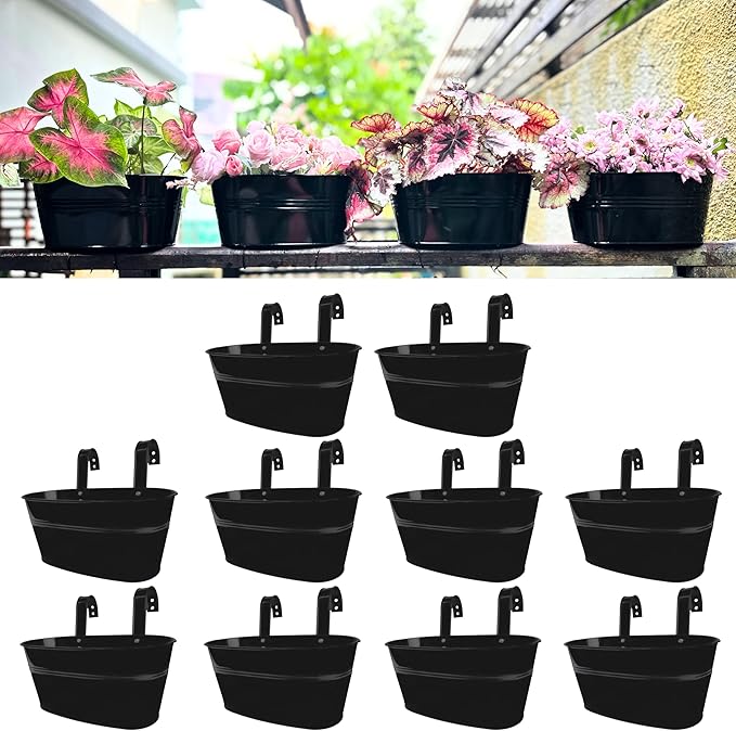 LaLaGreen Rail Planter Outdoor Plants Black Metal Iron Hanging Flower Pots Deck by L%C3%A1L%C3%A1Green