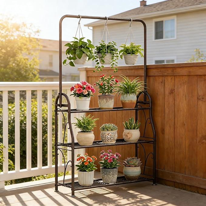 SORCEDAS Plant Stand Indoor Outdoor 3 Tier Tall Corner Hanging Shelf Metal - Image 3