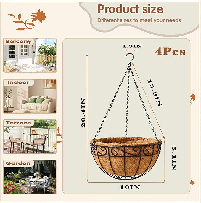 10 inch Metal Hanging Baskets For Plants Outdoor 4 Pack Round Metal Wire - Image 4