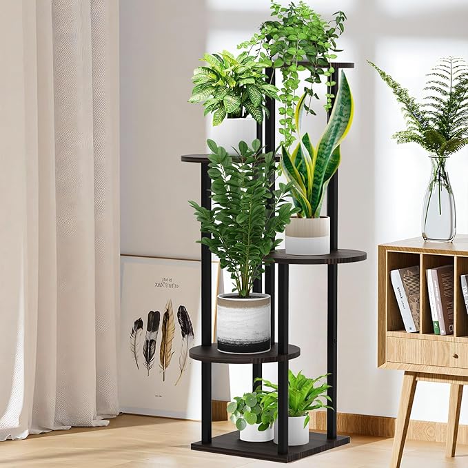 5 Tier Wood Tall Plant Stand Metal Rack Indoor, Round Planter Shelf Display - Image 5
