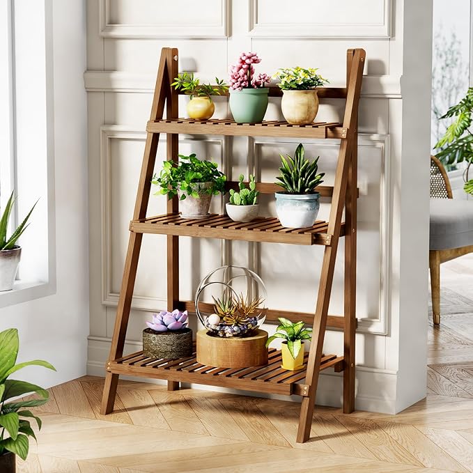 39.4" Bamboo Ladder Shelf Plant Shelf, 3 Tier Foldable Ladder Flower Pot - Image 2