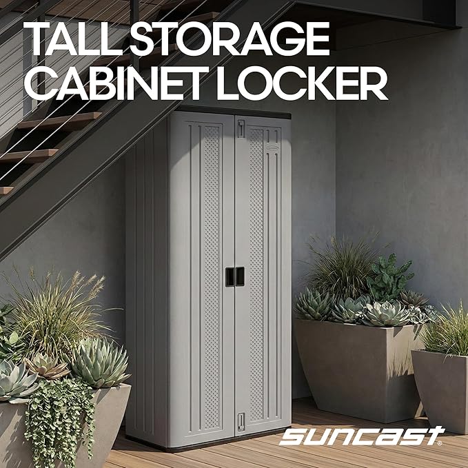 Suncast Tall Storage Cabinet, Platinum Resin Garage Storage Cabinet - Image 4