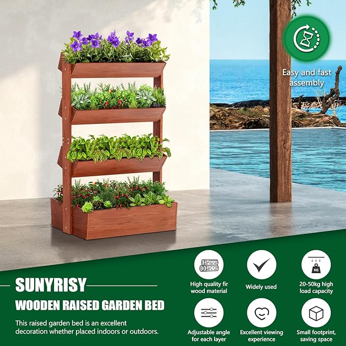 SUNYRISY 4 Tiers Vertical Wooden Raised Garden Bed Outdoor, Freestanding Garden - Image 3
