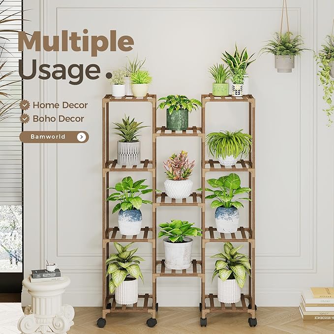 Bamworld Plant Stand With Wheels Indoor Outdoor Wood Plants Shelf - Image 6
