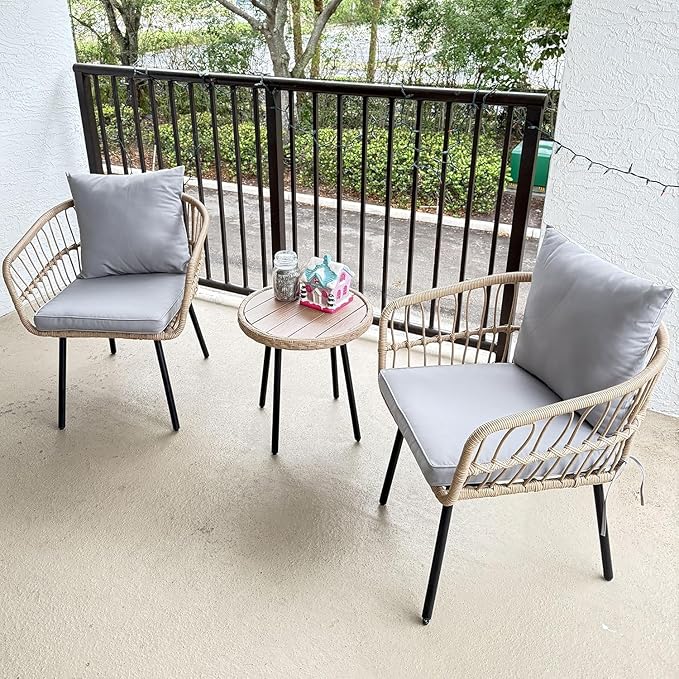 DWVO 3 Piece Patio Bistro Set, Patio Furniture Set Outdoor Wicker Bistro Rattan - Image 6