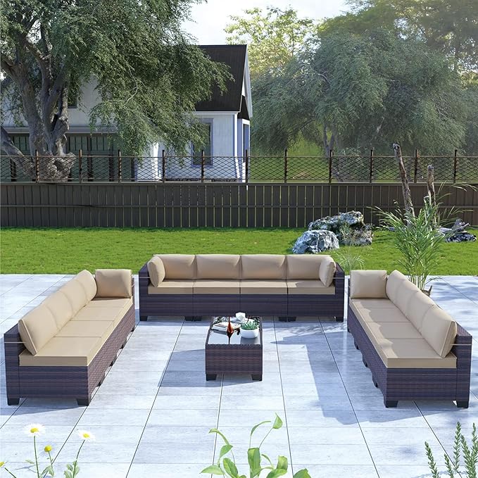Kullavik 14 Pieces Outdoor Patio Furniture Set PE Wicker Rattan Sectional Sofa - Image 6