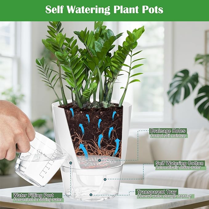 KIMCHOMERSE Self Watering Plant Pots, 6 Inch Plant Pots White, 3 Pack Flowers - Image 5