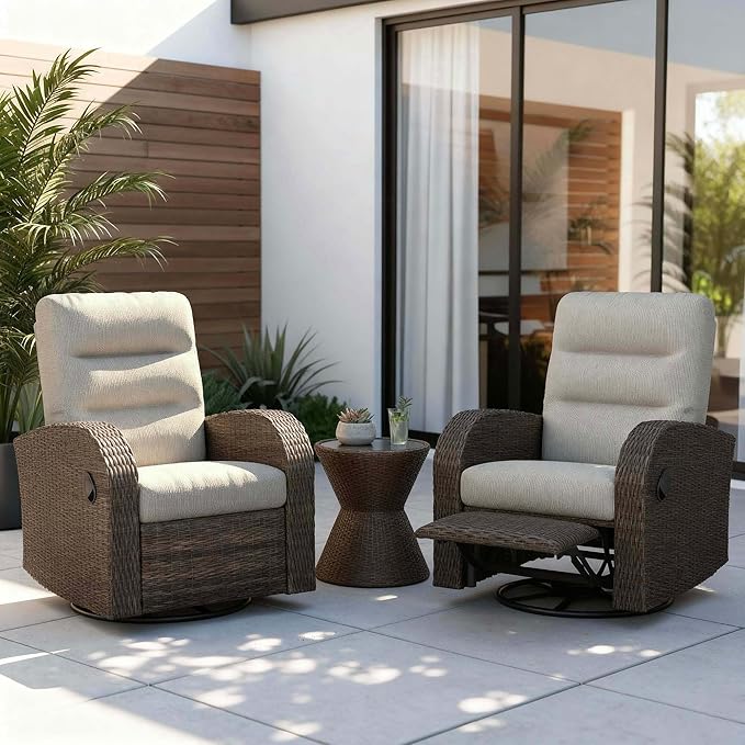 Outdoor Swivel Recliner Chair Set of 2, All-Weather Wicker Reclining Patio Chair by Vakollia