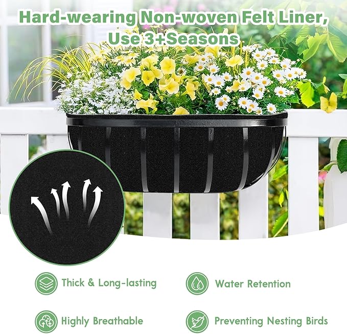 Riare 4 Pack 24 Inch Black Felt Window Box Liners- Fabric Trough Planter Basket - Image 3
