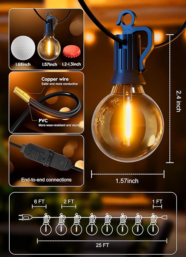 Brightown Outdoor String Lights, 25FT 12+1 G40 Bulbs Shatterproof Patio Lights - Image 6