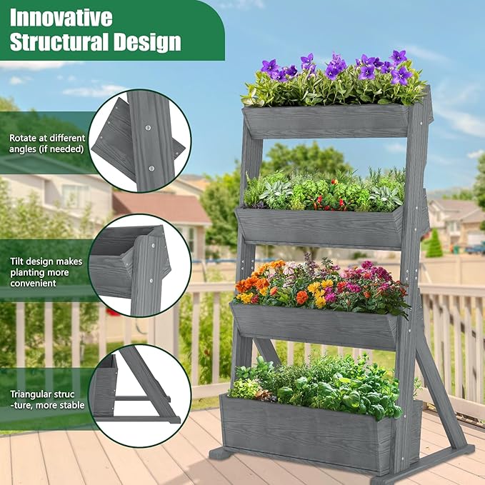 SUNYRISY 4 Tiers Vertical Raised Garden Bed Outdoor Planter Tower, Wooden - Image 2