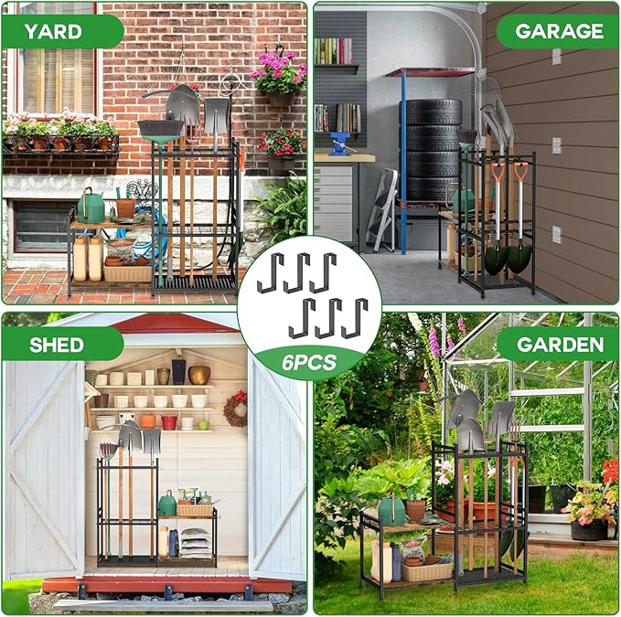 Garage Tool Organizer with 2-tier Wooden Shelves, Yard Tool Organizer - Image 7