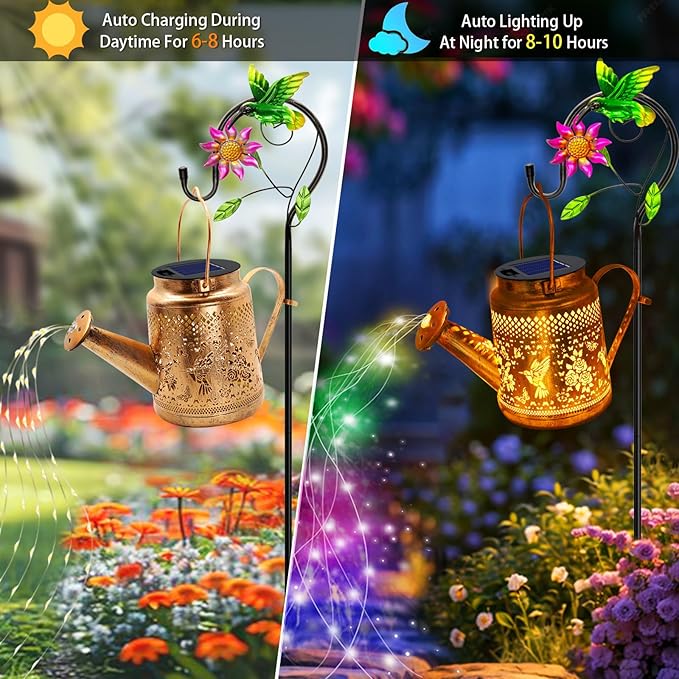 2 Pack Solar Lanterns Outdoor Waterproof, Hummingbird Watering Can Garden Decor - Image 6