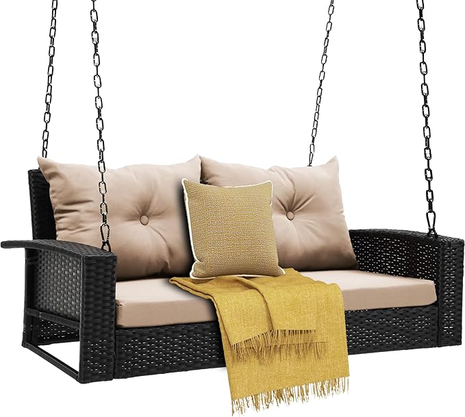 DWVO Wicker Hanging Porch Swing Chair Outdoor Brown Rattan Patio Swing Lounge - Image 7