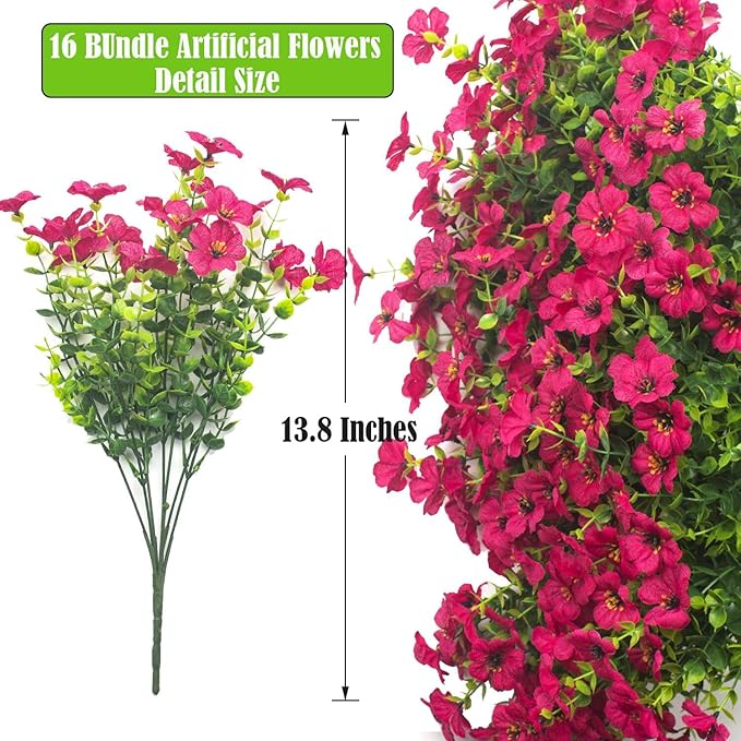 Artificial Fake Flowers for Outdoor Spring Decoration, 16 Bundles Faux Silk - Image 2