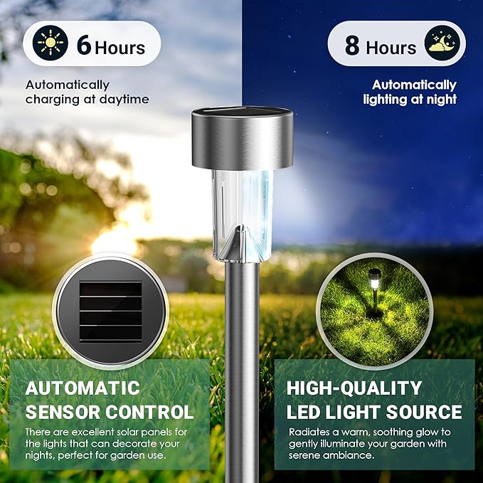 GIGALUMI Solar Lights Outdoor Waterproof, 20 Pack, Stainless Steel LED Solar - Image 5